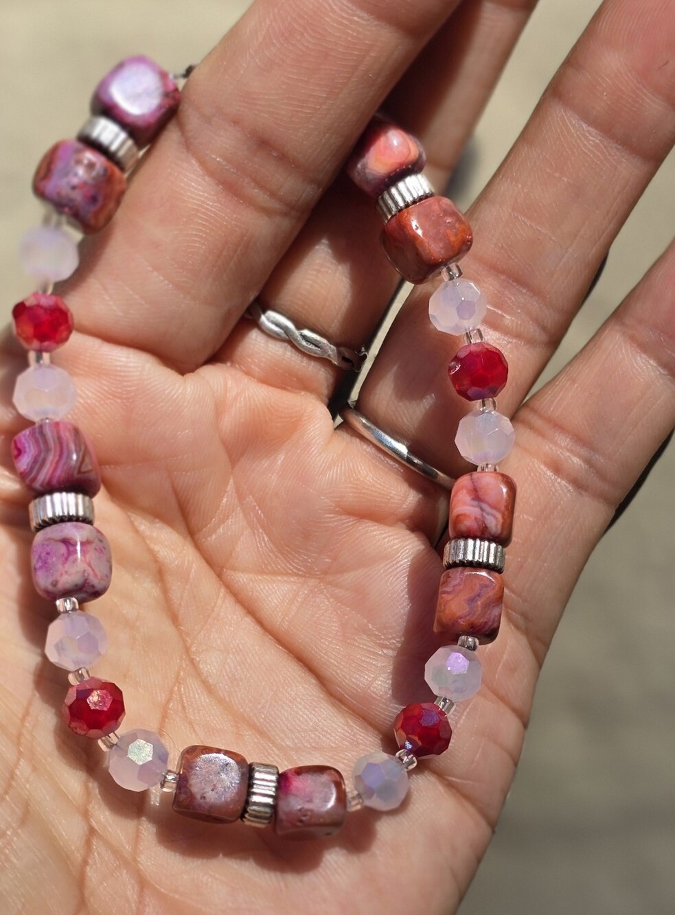 Handmade sterling silver 925 pink and orange agate sparkling AB bracelet
